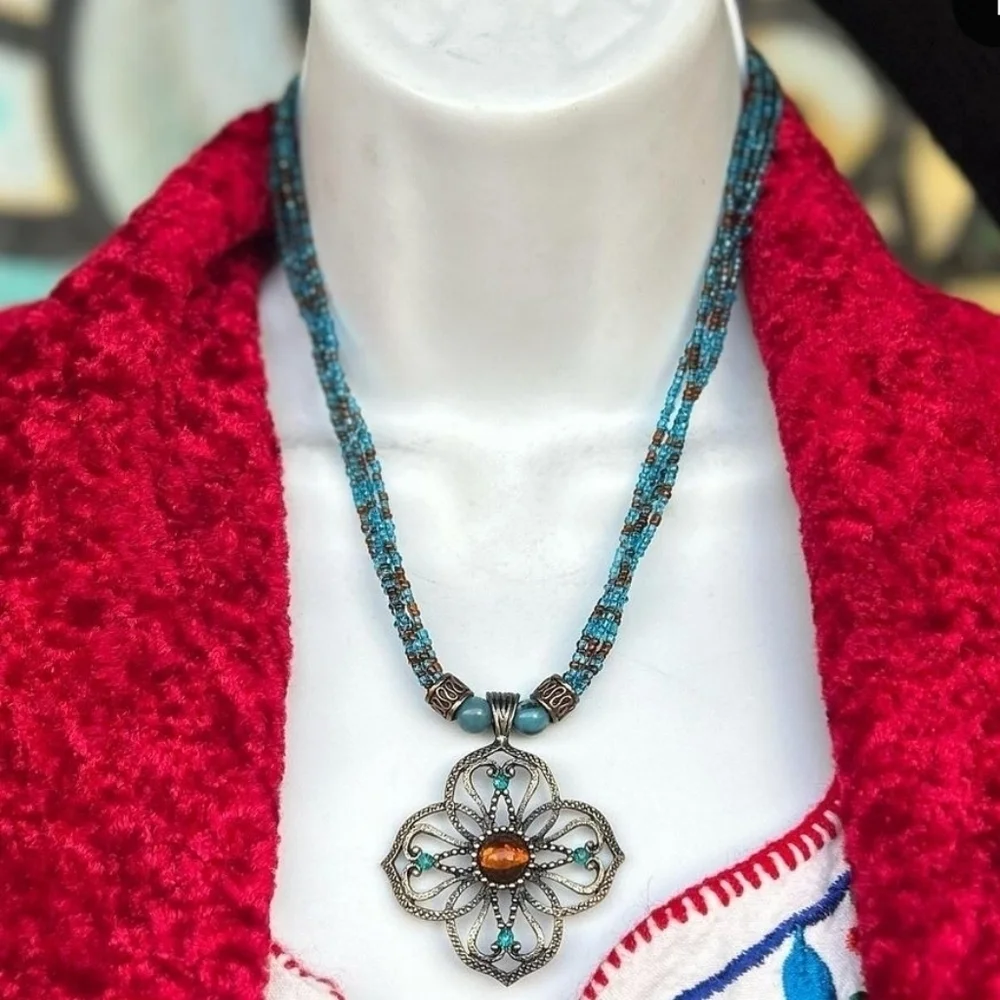 Mexican Vintage Lunasol beadwork multiple strands statement necklace